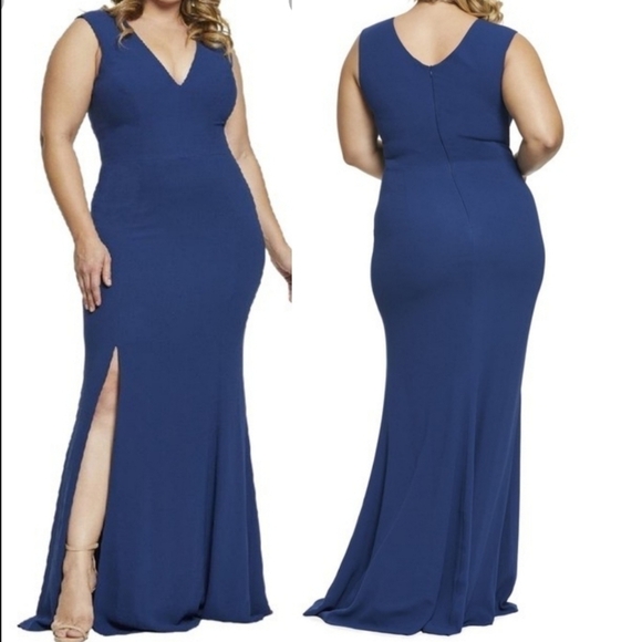 New Dress the Population Sandra V-Neck Crepe Long Formal Pacific Blue Gown Sz 2X - Picture 1 of 13
